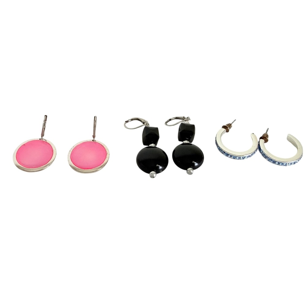 Vintage Earrings Lot 3 Pair Pink Dangle Black Beaded Blue Rhinestone Hoops